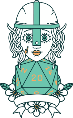 Retro Dövme Tarzı Elf Savaşçısı Doğal 20 zar atışıyla Bir insan tarafından çizilmiş