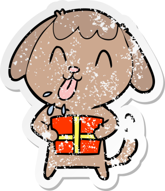 Bir insan tarafından çizilmiş noel hediyeli şirin bir köpeğin sıkıntılı çıkartması.