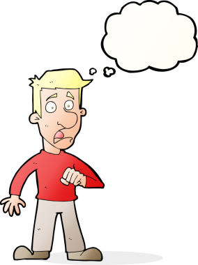 Bir insan tarafından çizilen düşünce baloncuğuyla şok olmuş bir adam.