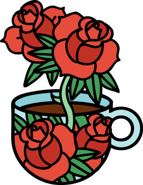 Geleneksel bir kupa şeklinde dövme ve bir insan tarafından çizilmiş çiçekler.