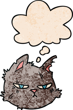 Düşünce baloncuğu şeklinde bir insan tarafından çizilmiş sert kedi yüzlü çizgi film.