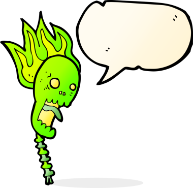 Bir insan tarafından çizilmiş konuşma baloncuklu ürkütücü karikatür kafatası.