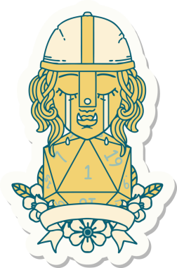 Ağlayan bir Ork savaşçı karakterinin çıkartması. Bir insan tarafından çizilmiş doğal bir D20 rulosu var.