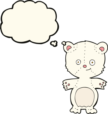 Bir insan tarafından çizilmiş düşünce baloncuklu mutlu kutup ayısı çizgi filmi.