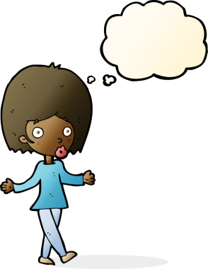 Bir insan tarafından çizilmiş düşünce baloncuğu olan kafası karışık bir kadın çizgi filmi.