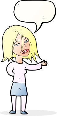 Bir insan tarafından çizilmiş konuşma balonu olan mutsuz bir kadın çizgi filmi.