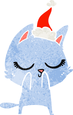 Sakin bir el çizimi. Bir insan tarafından çizilmiş Noel Baba şapkası takan bir kedinin eski çizgi filmi.