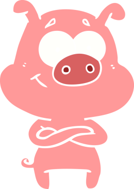 Bir insan tarafından çizilmiş mutlu düz renkli çizgi film domuzu