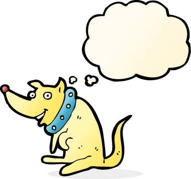 Bir insan tarafından çizilmiş düşünce baloncuğu olan büyük yakalı mutlu bir köpek.