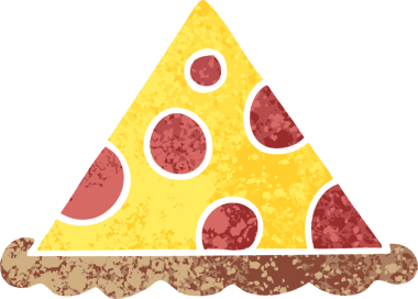 Retro illüstrasyon tarzı, bir insan tarafından çizilmiş tuhaf bir pizza dilimi.