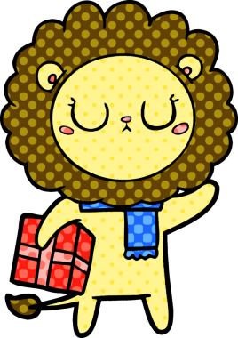 Bir insan tarafından çizilmiş noel hediyeli çizgi film aslanı.