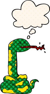 Çizgi roman tarzında düşünce baloncuğu olan tıslayan yılan bir insan tarafından çizilmiş.