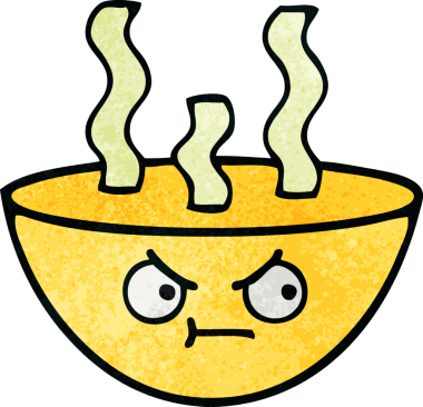 Bir insan tarafından çizilmiş sıcak çorba kasesinin retro grunge desenli karikatürü.