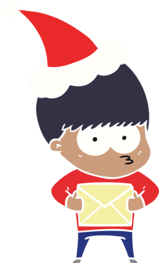 Bir insan tarafından çizilmiş Noel Baba şapkası takan bir çocuğun düz renk çizimi.