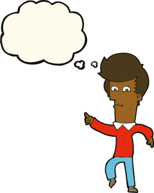 Bir insan tarafından çizilen düşünce baloncuğuyla işaret eden çizgi film adamı.