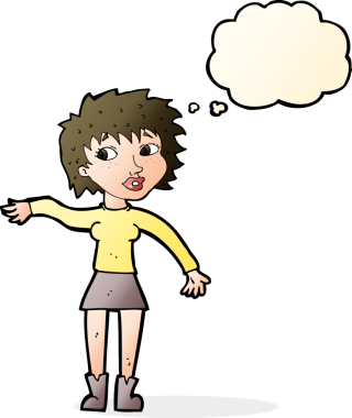 Karikatür dostu kadın bir insan tarafından çizilmiş düşünce balonuyla el sallıyor.