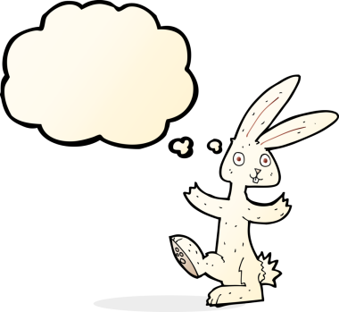 Bir insan tarafından çizilmiş düşünce kabarcığı olan çizgi film tavşanı.