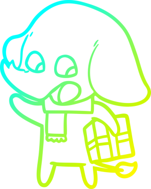 Bir insan tarafından çizilmiş noel hediyeli şirin bir filin soğuk gradyan çizimi