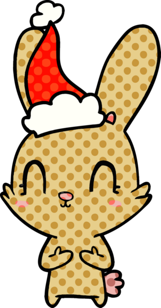 Bir insan tarafından çizilmiş Noel Baba şapkası takan bir tavşanın çizdiği çizgi roman çizimi.