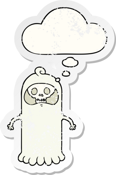 Düşünce baloncuğu ve insan tarafından çizilmiş yıpranmış bir çıkartma olan karikatür hayaleti.