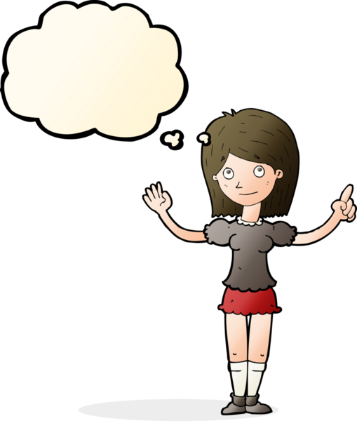 Bir insan tarafından çizilmiş düşünce baloncuğuyla fikri açıklayan çizgi film kadını.