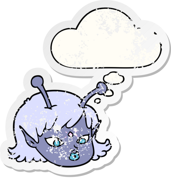 Uzaylı uzaylı kız yüzü, insan tarafından çizilmiş kederli bir çıkartma gibi.