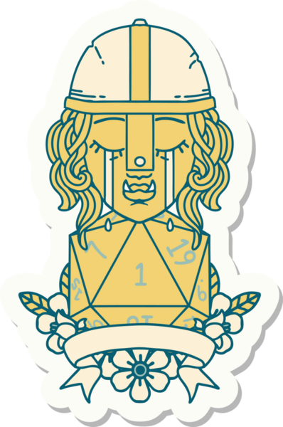 Ağlayan bir Ork savaşçı karakterinin çıkartması. Bir insan tarafından çizilmiş doğal bir D20 rulosu var.