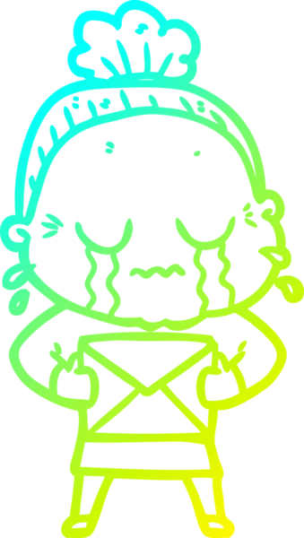 Bir insan tarafından çizilmiş mektupla ağlayan yaşlı bir kadının karikatür çizimi.