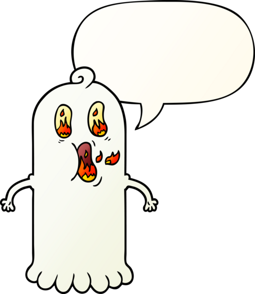 Karikatür hayaleti, alev alev yanan gözleriyle konuşma baloncuğu gibi bir insan tarafından çizilmiş.