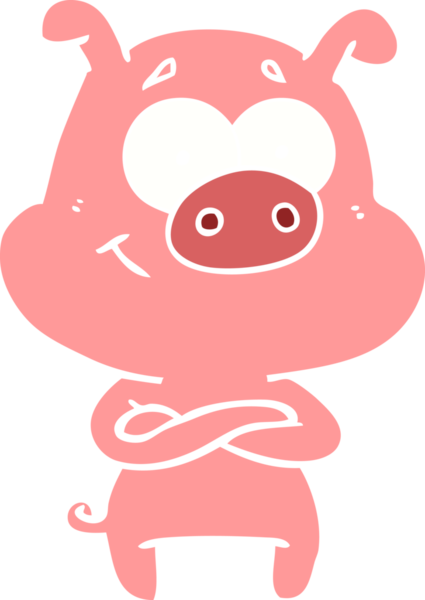 Bir insan tarafından çizilmiş mutlu düz renkli çizgi film domuzu