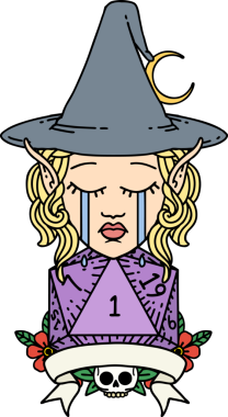 Retro Dövme Tarzı Ağlayan Elf Büyücüsü Karakteri Bir insan tarafından çizilmiş doğal bir zar ile