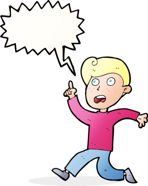 Bir insan tarafından çizilen konuşma baloncuğuyla panikleyen çizgi film çocuğu.