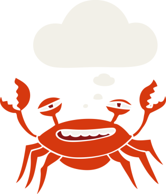 Düşünce baloncuklu karikatür yengeci insan tarafından çizilmiş.