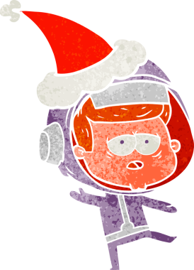 Bir insan tarafından çizilmiş Noel Baba şapkası giymiş yorgun bir astronotun el çizimi karikatürü