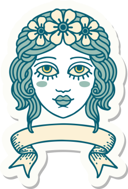 Bir insan tarafından çizilmiş çiçek taçlı kadın yüzü pankartlı dövme stili.