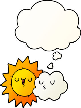 Düşünce baloncuklu karikatür güneş ve bulut bir insan tarafından çizilmiş düzgün eğimli stil