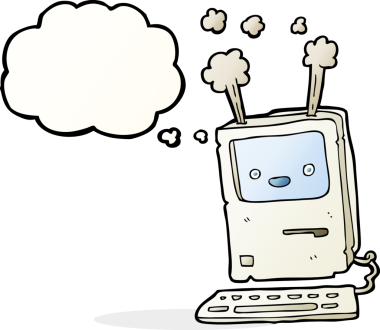 Bir insan tarafından çizilmiş düşünce baloncuklu eski bir bilgisayar.