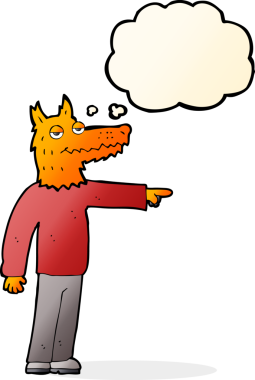 Bir insan tarafından çizilmiş düşünce balonuyla işaret eden tilki adam.