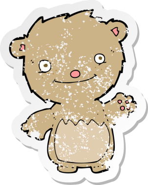 Bir insan tarafından çizilmiş oyuncak ayı sallayan bir çizgi filmin gerilimli retro yapıştırması.