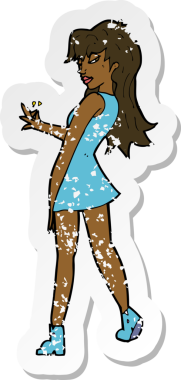 Bir insan tarafından çizilmiş elbise giymiş bir karikatür kadının gerilimli çıkartması.