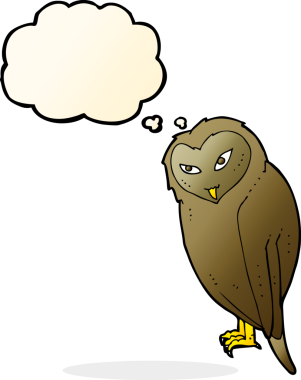 Bir insan tarafından çizilmiş düşünce baloncuklu çizgi film baykuşu