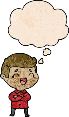 Bir insan tarafından çizilmiş grunge desenli düşünce baloncuğu olan gülen adam.