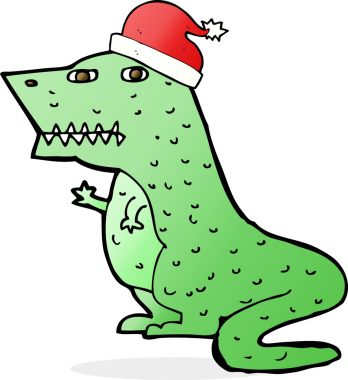 Bir insan tarafından çizilmiş noel şapkalı bir dinozor.