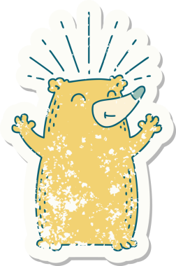 Dövme stili eski bir çıkartma. Bir insan tarafından çizilmiş mutlu ayı.