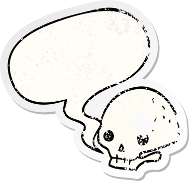 Bir insan tarafından çizilmiş, sıkıntılı, eski bir çıkartma olan, konuşma baloncuklu, karikatürlü korkunç kafatası.