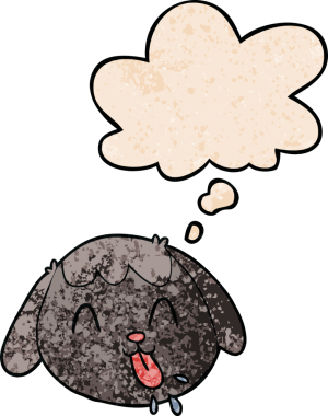 Bir insan tarafından çizilmiş grunge desenli düşünce baloncuklu çizgi köpek yüzü.