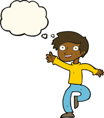 Bir insan tarafından çizilmiş düşünce baloncuğuyla dans eden heyecanlı çocuk.