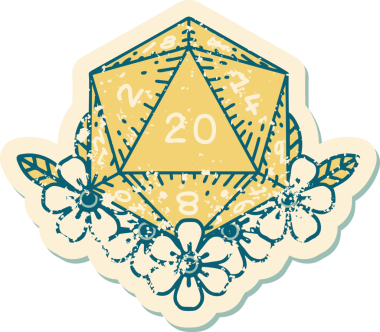 Retro Dövme Biçimi Doğal 20 D20 zar bir insan tarafından çizilmiş çiçek elementleriyle