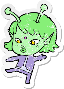 Bir insan tarafından çizilmiş güzel uzaylı bir kızın sıkıntılı çıkartması.