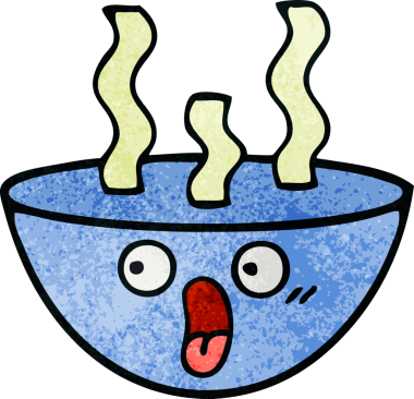 Bir insan tarafından çizilmiş sıcak çorba kasesinin retro grunge desenli karikatürü.